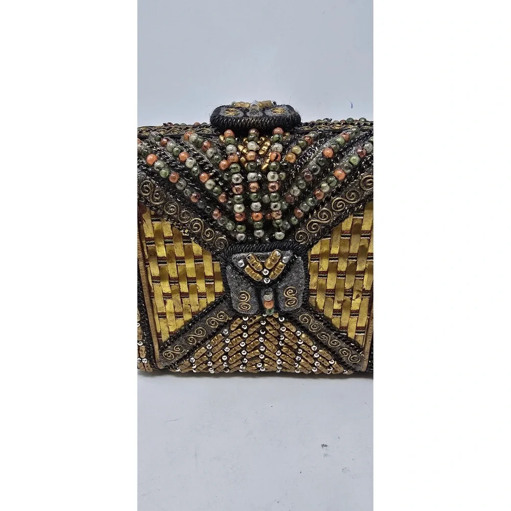 Vintage Mary Frances hard case handbag clutch metallic beaded accents